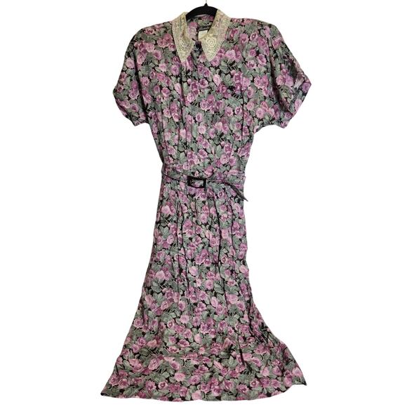 Vintage Jamie Floral Dress Midi Pleated Belt Zipper Shoulder Pads Lace Womens 9 - Picture 1 of 6